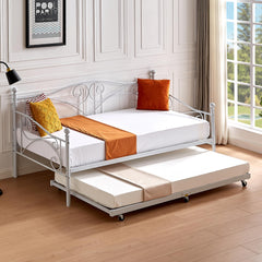 VECELO Twin Trundle Bed Frame Only/Roll Out/Enhanced & Up-Graded Metal Slats Support with Lockable Casters, White