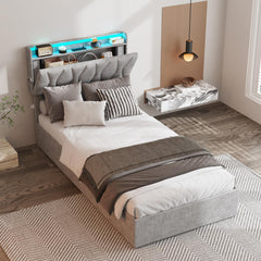 King Size Lift Up Storage Bed Frame, Height Adjustable Storage Headboard with Charging Station, LED Lights Upholstered Platform Bed, Wooden Slat, No Box Spring Needed, Noise-Free, Dark Grey