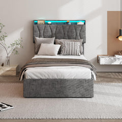 King Size Lift Up Storage Bed Frame, Height Adjustable Storage Headboard with Charging Station, LED Lights Upholstered Platform Bed, Wooden Slat, No Box Spring Needed, Noise-Free, Dark Grey