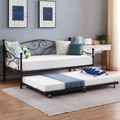 VECELO Twin Trundle Bed Frame Only/Roll Out/Enhanced & Up-Graded Metal Slats Support with Lockable Casters, White