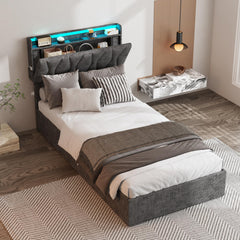 King Size Lift Up Storage Bed Frame, Height Adjustable Storage Headboard with Charging Station, LED Lights Upholstered Platform Bed, Wooden Slat, No Box Spring Needed, Noise-Free, Dark Grey