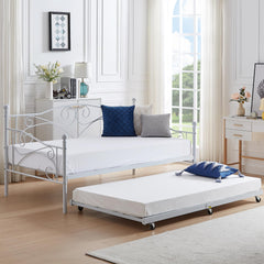 VECELO Twin Trundle Bed Frame Only/Roll Out/Enhanced & Up-Graded Metal Slats Support with Lockable Casters, White