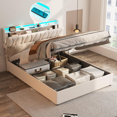 King Size Lift Up Storage Bed Frame, Height Adjustable Storage Headboard with Charging Station, LED Lights Upholstered Platform Bed, Wooden Slat, No Box Spring Needed, Noise-Free, Dark Grey