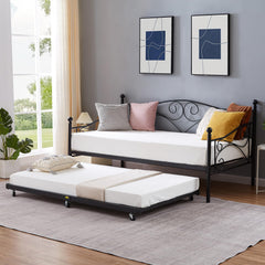 VECELO Twin Trundle Bed Frame Only/Roll Out/Enhanced & Up-Graded Metal Slats Support with Lockable Casters, White