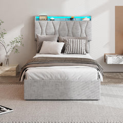 King Size Lift Up Storage Bed Frame, Height Adjustable Storage Headboard with Charging Station, LED Lights Upholstered Platform Bed, Wooden Slat, No Box Spring Needed, Noise-Free, Dark Grey