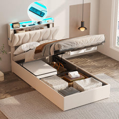 King Size Lift Up Storage Bed Frame, Height Adjustable Storage Headboard with Charging Station, LED Lights Upholstered Platform Bed, Wooden Slat, No Box Spring Needed, Noise-Free, Dark Grey