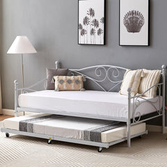VECELO Twin Trundle Bed Frame Only/Roll Out/Enhanced & Up-Graded Metal Slats Support with Lockable Casters, White