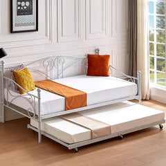 VECELO Twin Trundle Bed Frame Only/Roll Out/Enhanced & Up-Graded Metal Slats Support with Lockable Casters, White