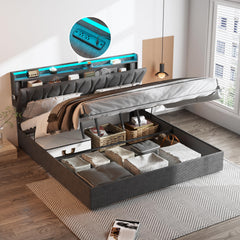 King Size Lift Up Storage Bed Frame, Height Adjustable Storage Headboard with Charging Station, LED Lights Upholstered Platform Bed, Wooden Slat, No Box Spring Needed, Noise-Free, Dark Grey