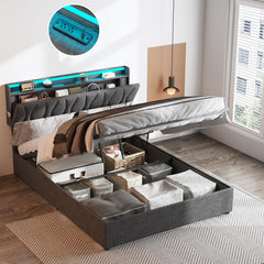 King Size Lift Up Storage Bed Frame, Height Adjustable Storage Headboard with Charging Station, LED Lights Upholstered Platform Bed, Wooden Slat, No Box Spring Needed, Noise-Free, Dark Grey