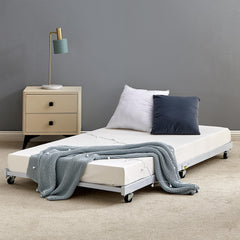 VECELO Twin Trundle Bed Frame Only/Roll Out/Enhanced & Up-Graded Metal Slats Support with Lockable Casters, White