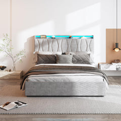 King Size Lift Up Storage Bed Frame, Height Adjustable Storage Headboard with Charging Station, LED Lights Upholstered Platform Bed, Wooden Slat, No Box Spring Needed, Noise-Free, Dark Grey
