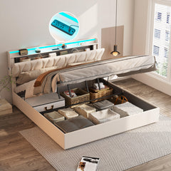 King Size Lift Up Storage Bed Frame, Height Adjustable Storage Headboard with Charging Station, LED Lights Upholstered Platform Bed, Wooden Slat, No Box Spring Needed, Noise-Free, Dark Grey