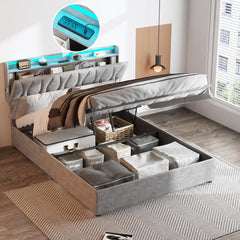 King Size Lift Up Storage Bed Frame, Height Adjustable Storage Headboard with Charging Station, LED Lights Upholstered Platform Bed, Wooden Slat, No Box Spring Needed, Noise-Free, Dark Grey