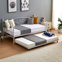 VECELO Twin Trundle Bed Frame Only/Roll Out/Enhanced & Up-Graded Metal Slats Support with Lockable Casters, White