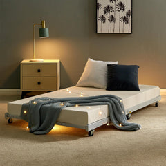 VECELO Twin Trundle Bed Frame Only/Roll Out/Enhanced & Up-Graded Metal Slats Support with Lockable Casters, White