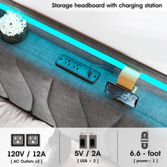 King Size Lift Up Storage Bed Frame, Height Adjustable Storage Headboard with Charging Station, LED Lights Upholstered Platform Bed, Wooden Slat, No Box Spring Needed, Noise-Free, Dark Grey