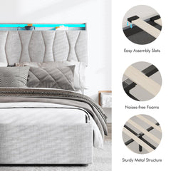 King Size Lift Up Storage Bed Frame, Height Adjustable Storage Headboard with Charging Station, LED Lights Upholstered Platform Bed, Wooden Slat, No Box Spring Needed, Noise-Free, Dark Grey