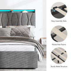 King Size Lift Up Storage Bed Frame, Height Adjustable Storage Headboard with Charging Station, LED Lights Upholstered Platform Bed, Wooden Slat, No Box Spring Needed, Noise-Free, Dark Grey