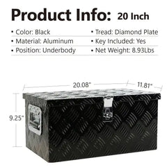 20 Inch Black Aluminum Tool Long Box 5 Bar Tread Flat Box For Truck Car Outdoor Trailer Pickup Underbody RV ATV Storage Tools Organizer With Lock Side Handle And Keys