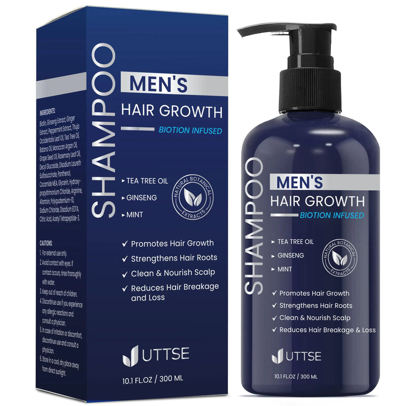 Biotin Hair Growth Shampoo for Men: Natural Thickening Shampoo with Tea Tree Oil Ginseng Mint for Hair Loss and Thinning Hair - 10.1 fl.oz