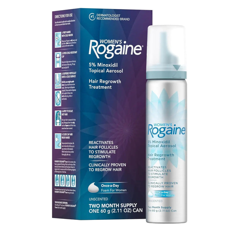 Rogaine 5% Minoxidil Foam, Topical Once-A-Day Hair Loss Treatment for Women to Regrow Fuller, Thicker Hair, Unscented, 2-Month Supply, 2.11 oz Natural 2.11 Ounce (Pack of 1)