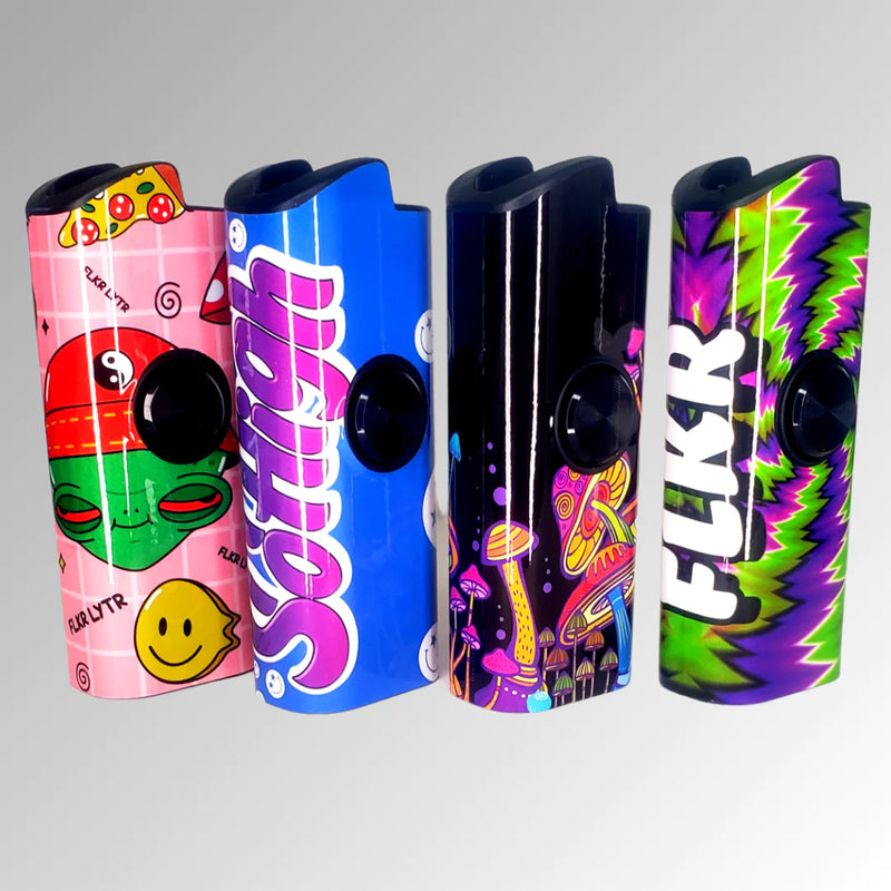 FLKR LYTR® Fidget Spinner Lighter Case 4 pack for Bic Lighter® Case Pink Alien, Trippy, Large Mushroom Garden, So High