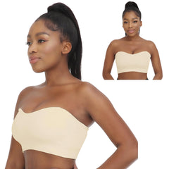 Women's Strapless Bra Comfortable Non-Slip Silicone Bandeau Bra Seamless Tube to Bra Medium Beige+beige