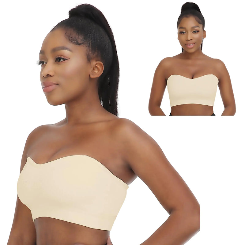 Women's Strapless Bra Comfortable Non-Slip Silicone Bandeau Bra Seamless Tube to Bra Medium Beige+beige