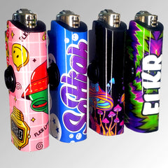 FLKR LYTR® Fidget Spinner Lighter Case 4 pack for Bic Lighter® Case Pink Alien, Trippy, Large Mushroom Garden, So High