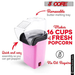 5Core Popcorn Machine 16 Cup Hot Air Popper Mini Portable Electric Pop Corn Maker PINK