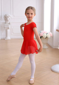 MdnMd Toddler Ballet Leotards for Girls Dance Leotards with Skirt Gymnastic Ballerina Outfit Dress Classic Short Sleeve Red 8-10 Years
