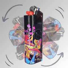 FLKR LYTR® Fidget Spinner Lighter Case 4 pack for Bic Lighter® Case Pink Alien, Trippy, Large Mushroom Garden, So High
